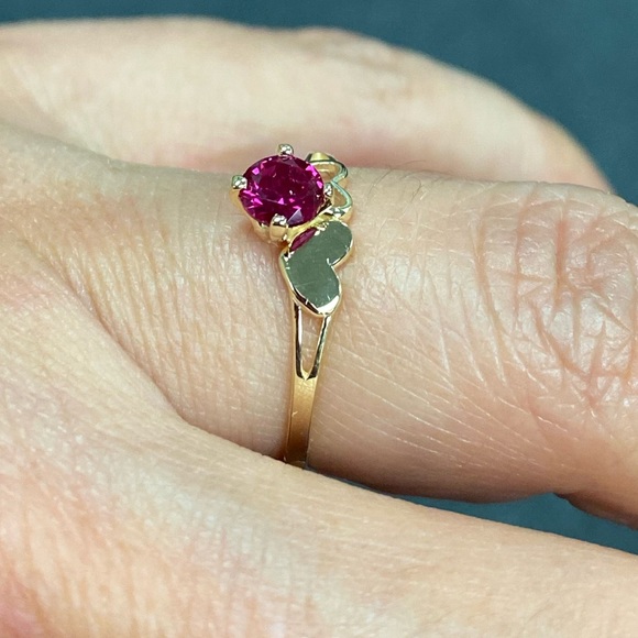 Solid 14K Yellow Gold Red Heart CZ Engagement Ring - Picture 8 of 14